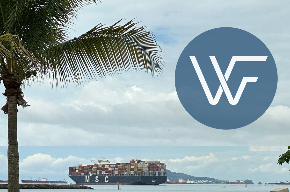 Large container ship with MSC logo navigating through the Panama Canal under a cloudy sky.