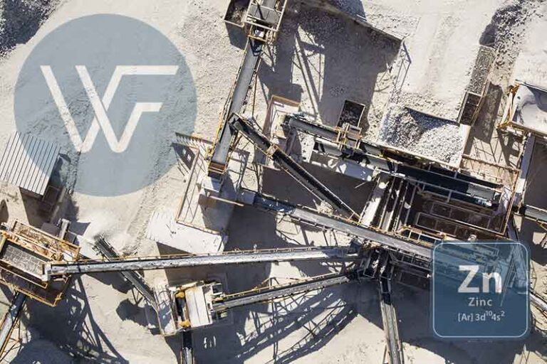 Aerial view of zinc processing equipment and machinery at a factory site.