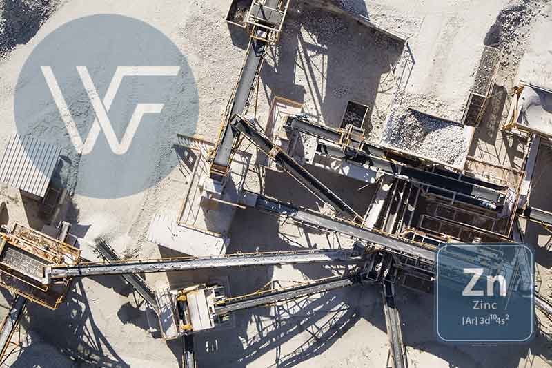 Aerial view of zinc processing equipment and machinery at a factory site.