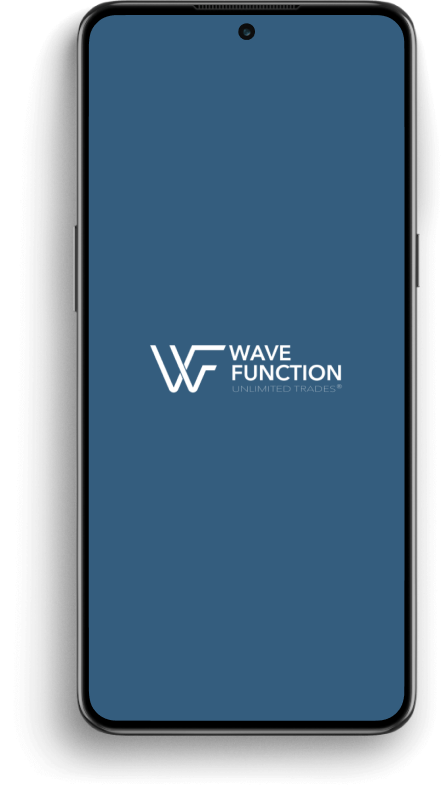 Mobile phone displaying the Wave Function logo on a blue background.