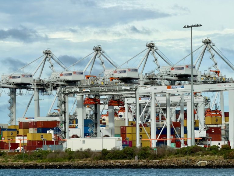 A bustling automated container terminal in Port Melbourne, showcasing cranes and shipping containers.