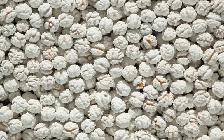 Top view of white sugar-coated fennel seeds creating a textured background.