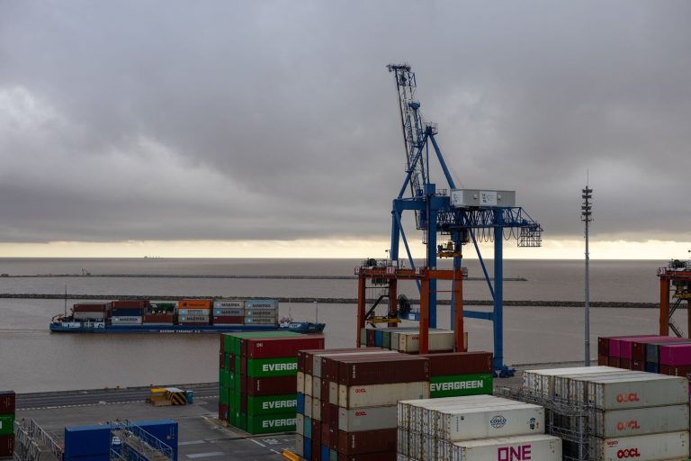 Large cargo cranes at a shipping port with stacked containers and cargo ship.