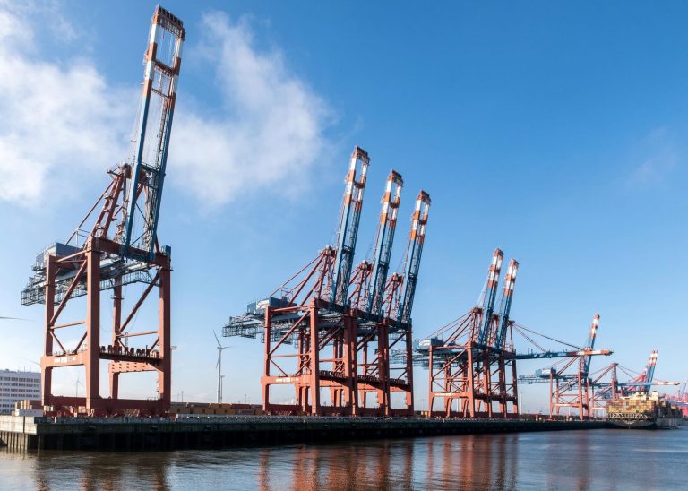 Massive container cranes at Hamburg port with a cargo ship docked, showcasing global trade hub.