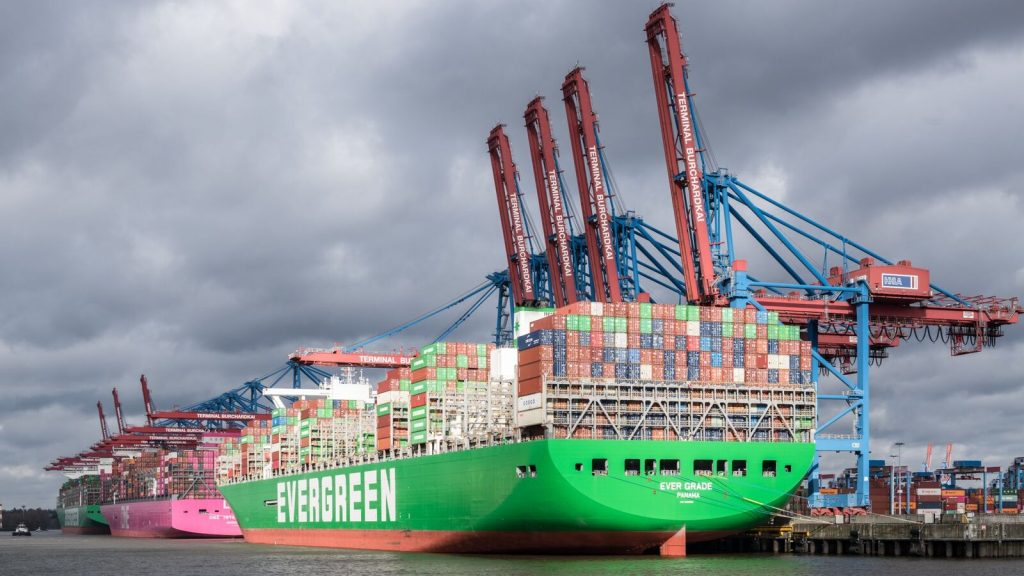 Large cargo ships docked at Terminal Burchardkai in Hamburg harbor, Germany.