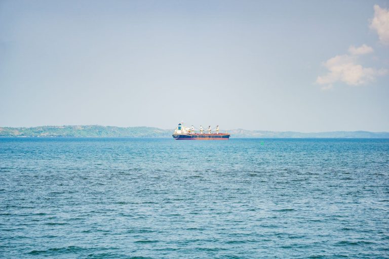 A cargo ship sails on a calm sea against distant green hills under a clear blue sky.