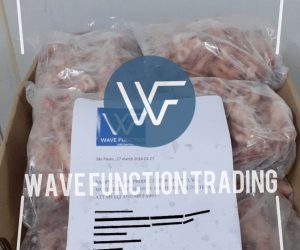 A cardboard box containing packaged Brazilian chicken paws with a label on top.