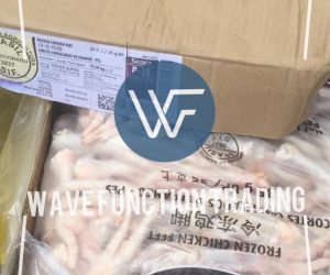 Box of frozen chicken paws with a label from Seara brand on a yellow plastic bag.