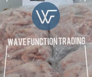 Packages of frozen Brazilian chicken paws wrapped in plastic for storage.